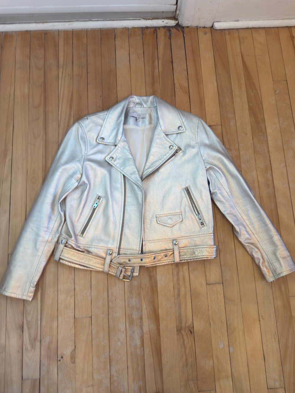 IRO Metallic Silver Leather Moto Jacket Size 42